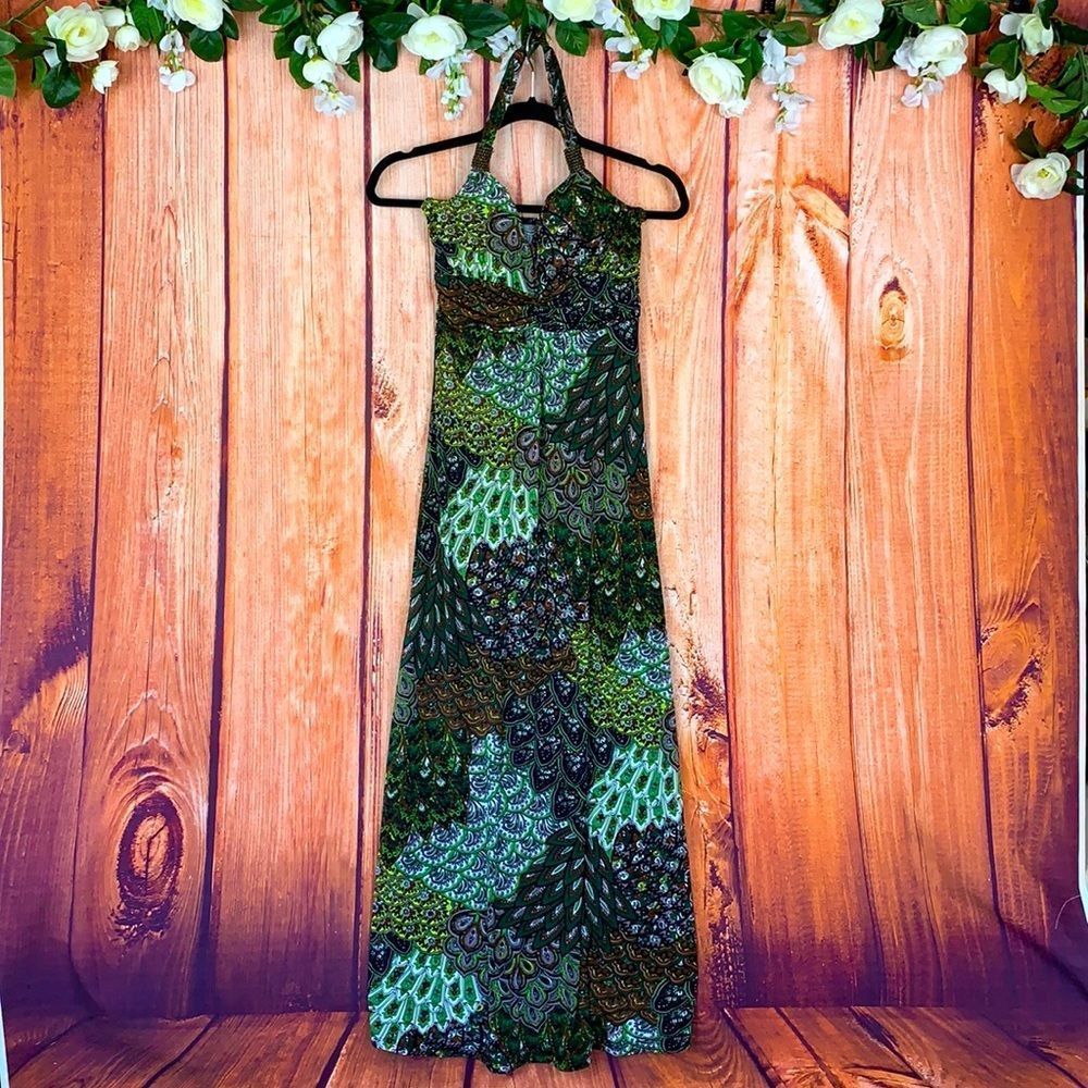 Hippie Peacock Feather Gypsy Halter Maxi Dress1686